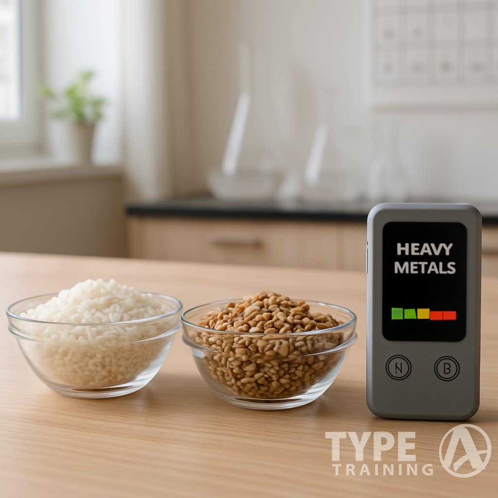 Two bowls on a kitchen table, one with white rice and the other with ancient grains, alongside a digital testing device indicating contamination levels.
