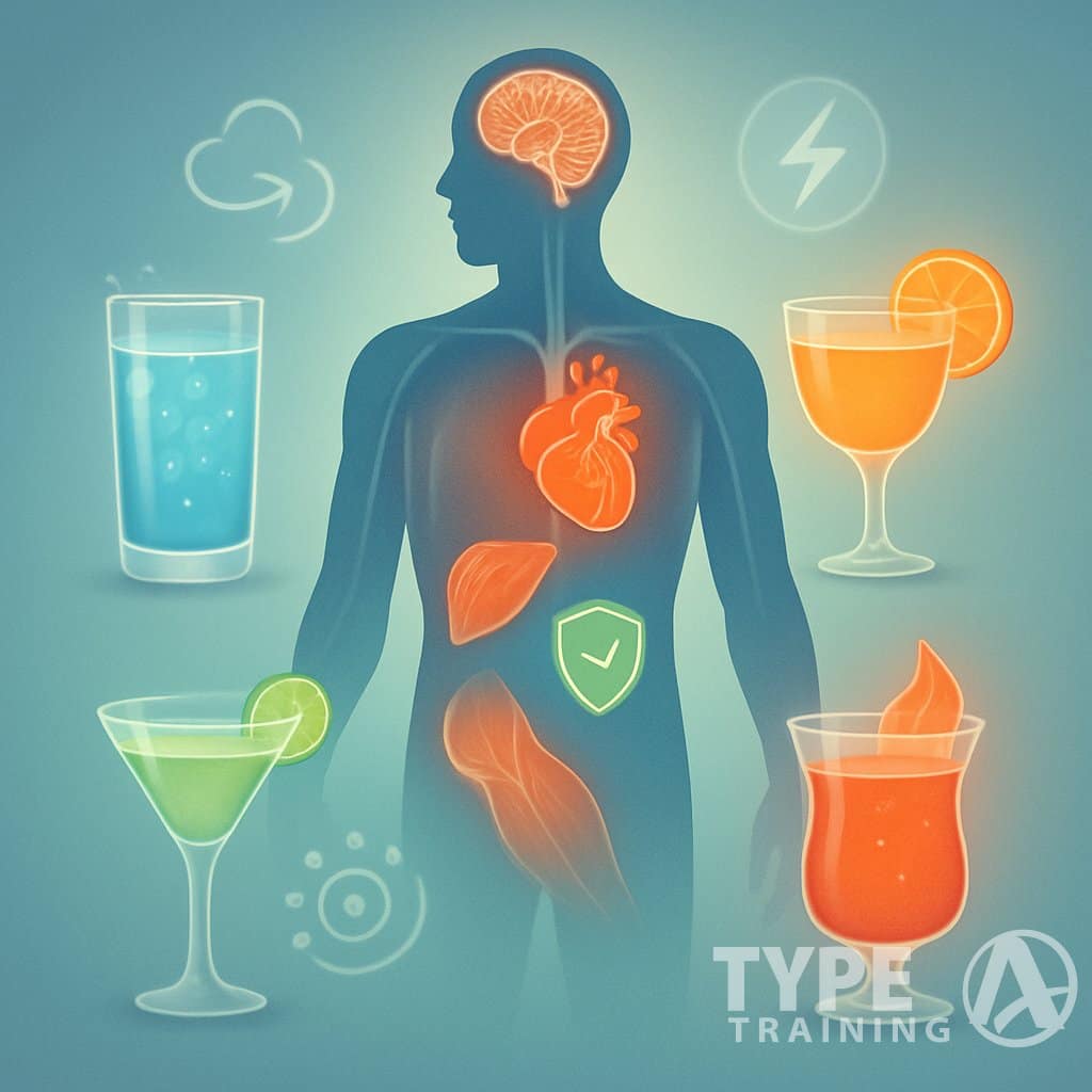 Illustration of a human figure surrounded by glowing cocktail glasses with highlighted areas showing benefits to the brain, heart, muscles, and immune system.