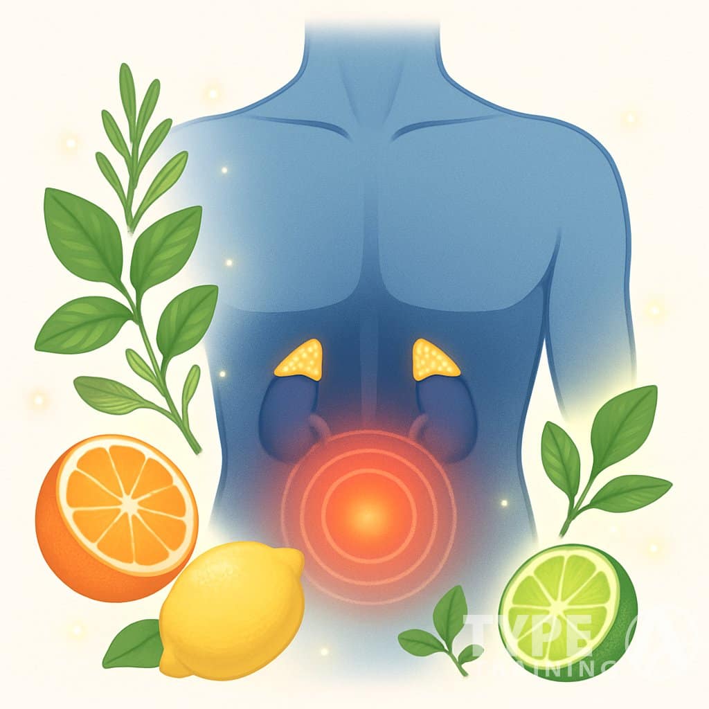 Illustration of a human torso with highlighted metabolism and hormone areas surrounded by natural ingredients like leaves and fruits, symbolizing support for metabolism and weight management.