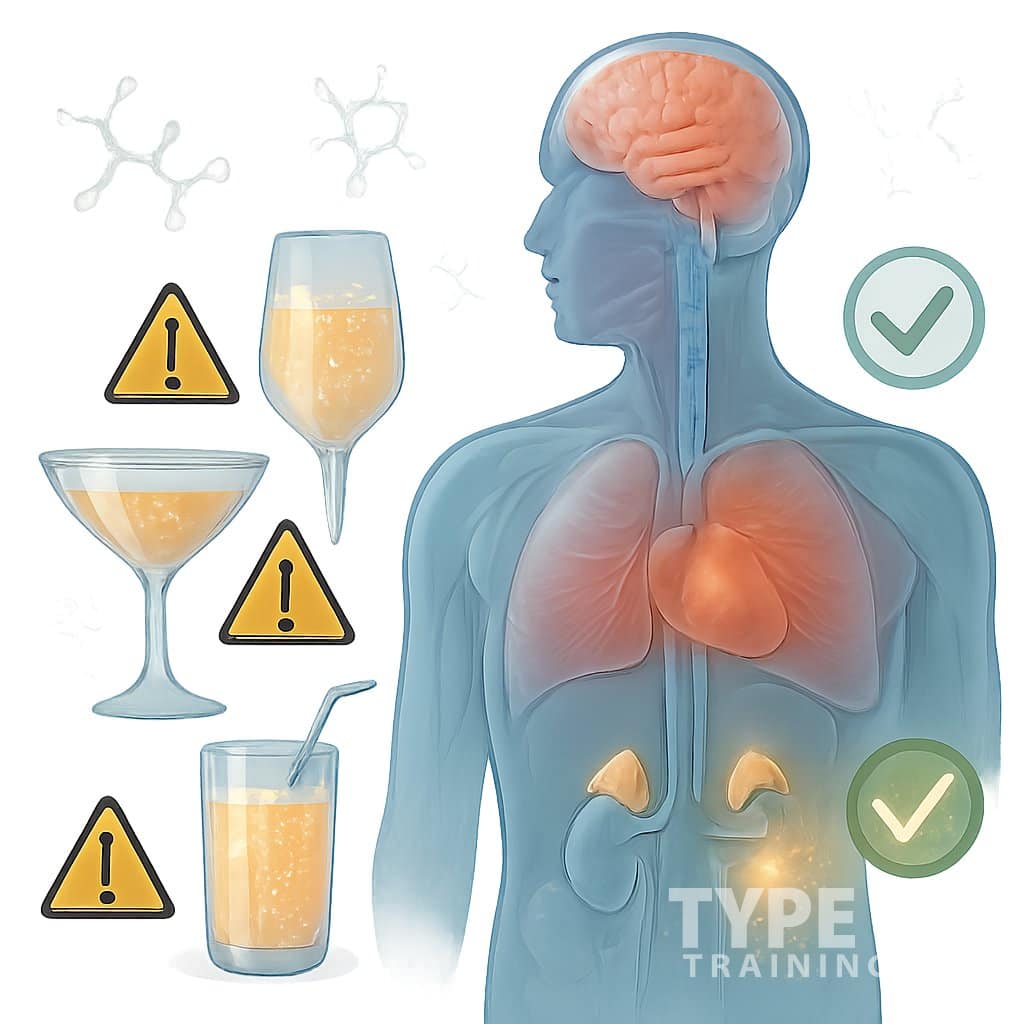 Illustration of a human torso showing adrenal glands with glowing cocktail glasses around it, highlighting both benefits and risks of cortisol cocktails.
