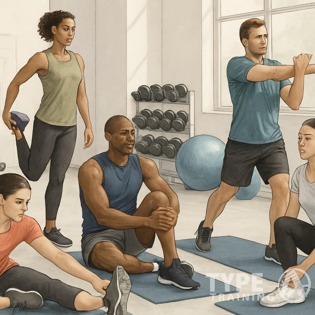 A group of people stretching different muscles in a gym, preparing for or cooling down from a workout.