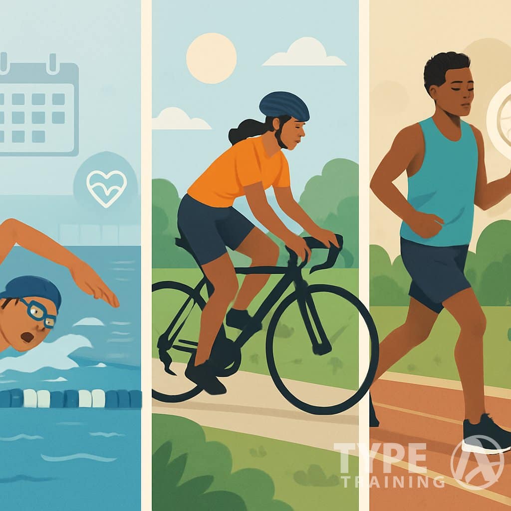 A group of athletes swimming, cycling, and running outdoors, representing different stages of a sprint triathlon training plan.