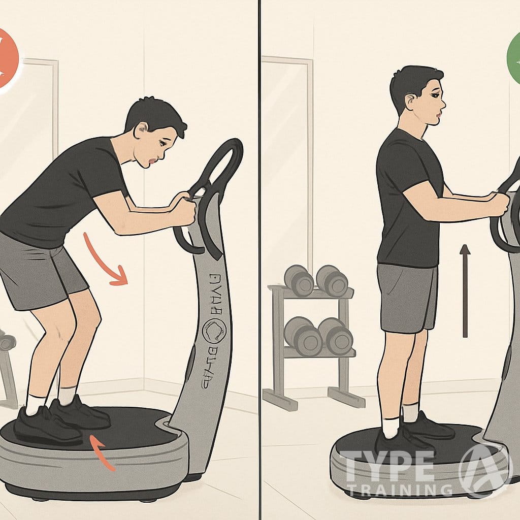 Side-by-side illustration showing a person using a Power Plate machine incorrectly on one side and correctly on the other, highlighting posture and positioning differences.
