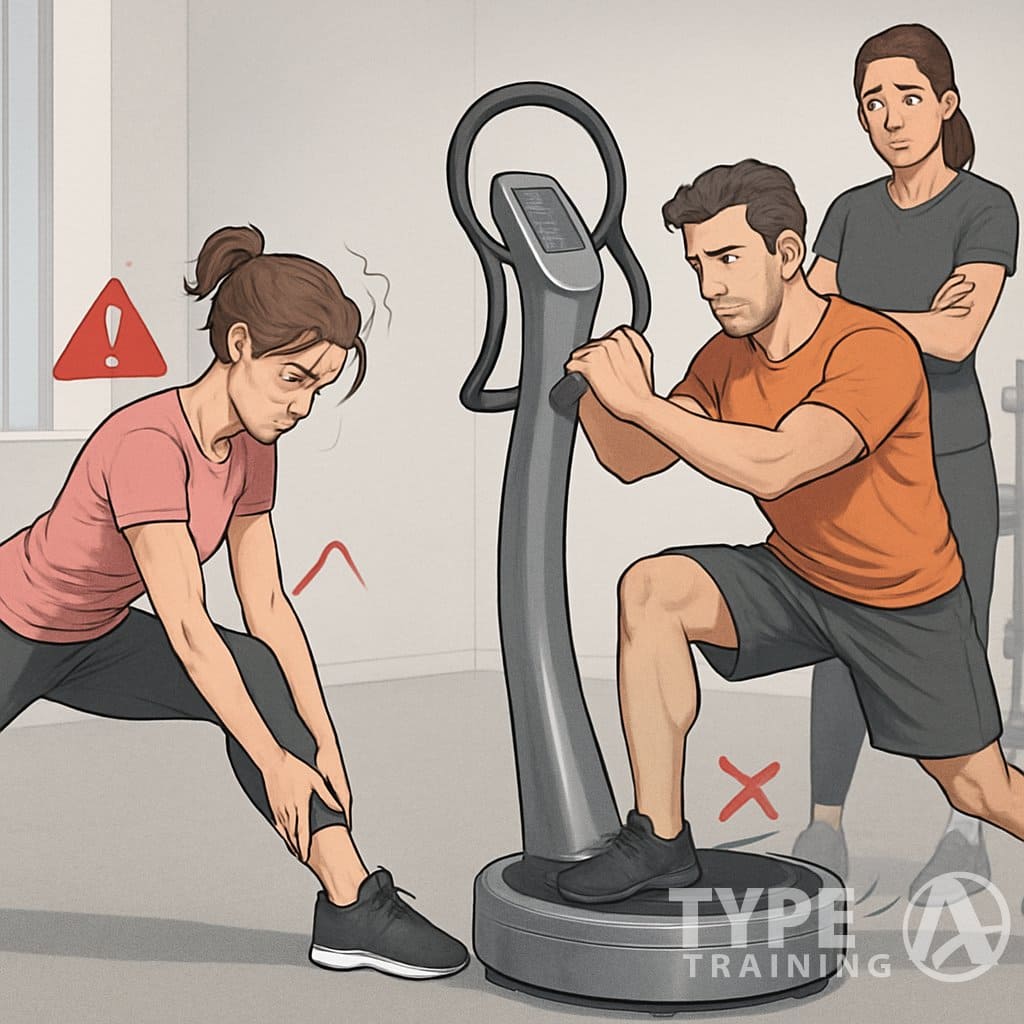 Two people using a Power Plate machine incorrectly with a trainer watching them in a fitness studio.