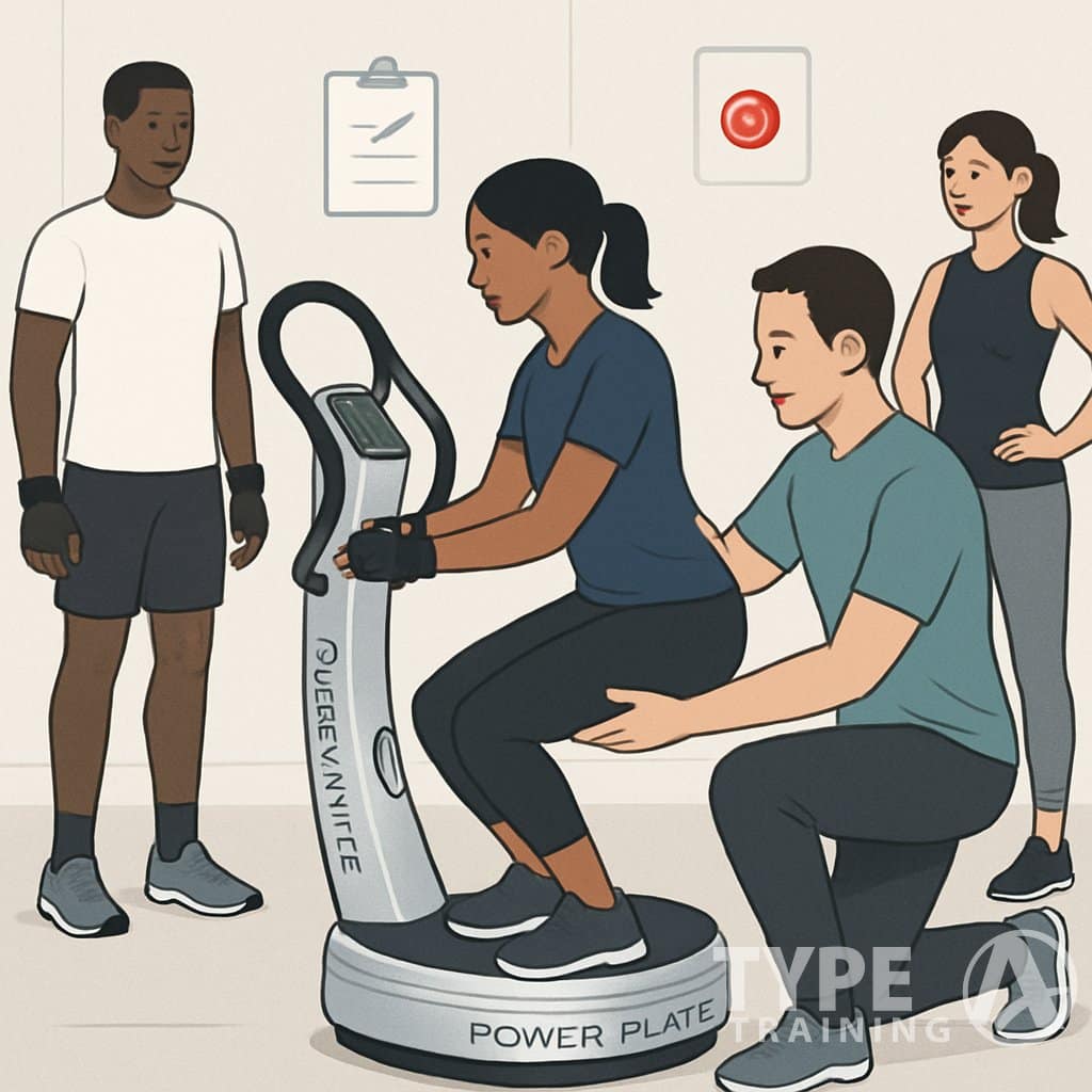 People using a Power Plate machine with a trainer guiding them on safety and proper use in a clean gym environment.