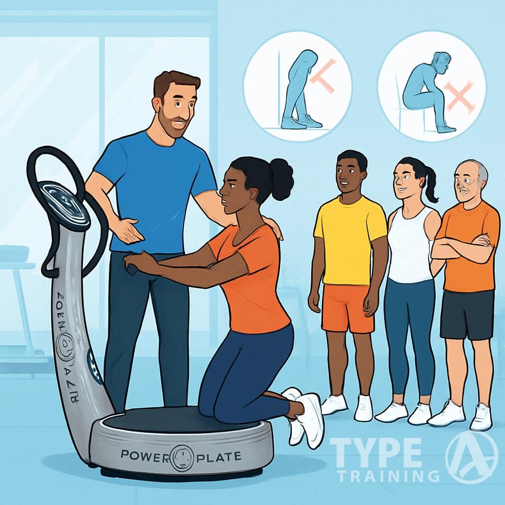 A fitness trainer demonstrating the correct use of a Power Plate machine to a group of people in a gym, with visual highlights showing common mistakes to avoid.