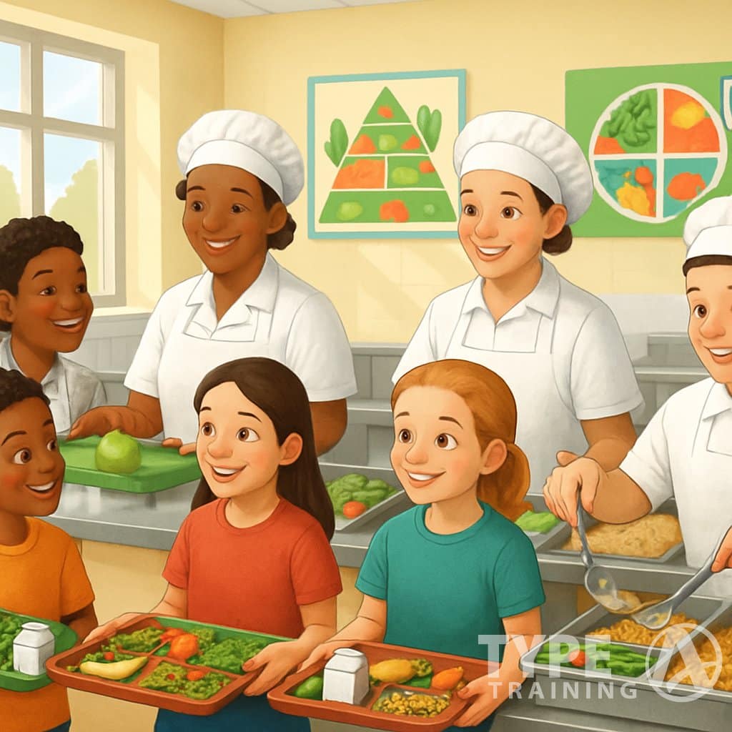 Children receiving healthy meals from cafeteria staff in a school cafeteria with nutrition posters on the walls.