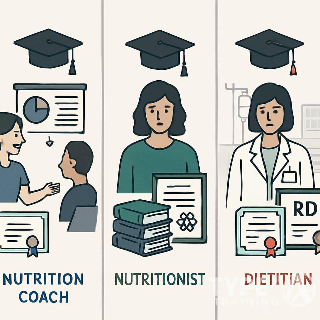 Three side-by-side panels showing the education and training paths of a nutrition coach, nutritionist, and dietitian, with symbols like diplomas, books, and professional settings.
