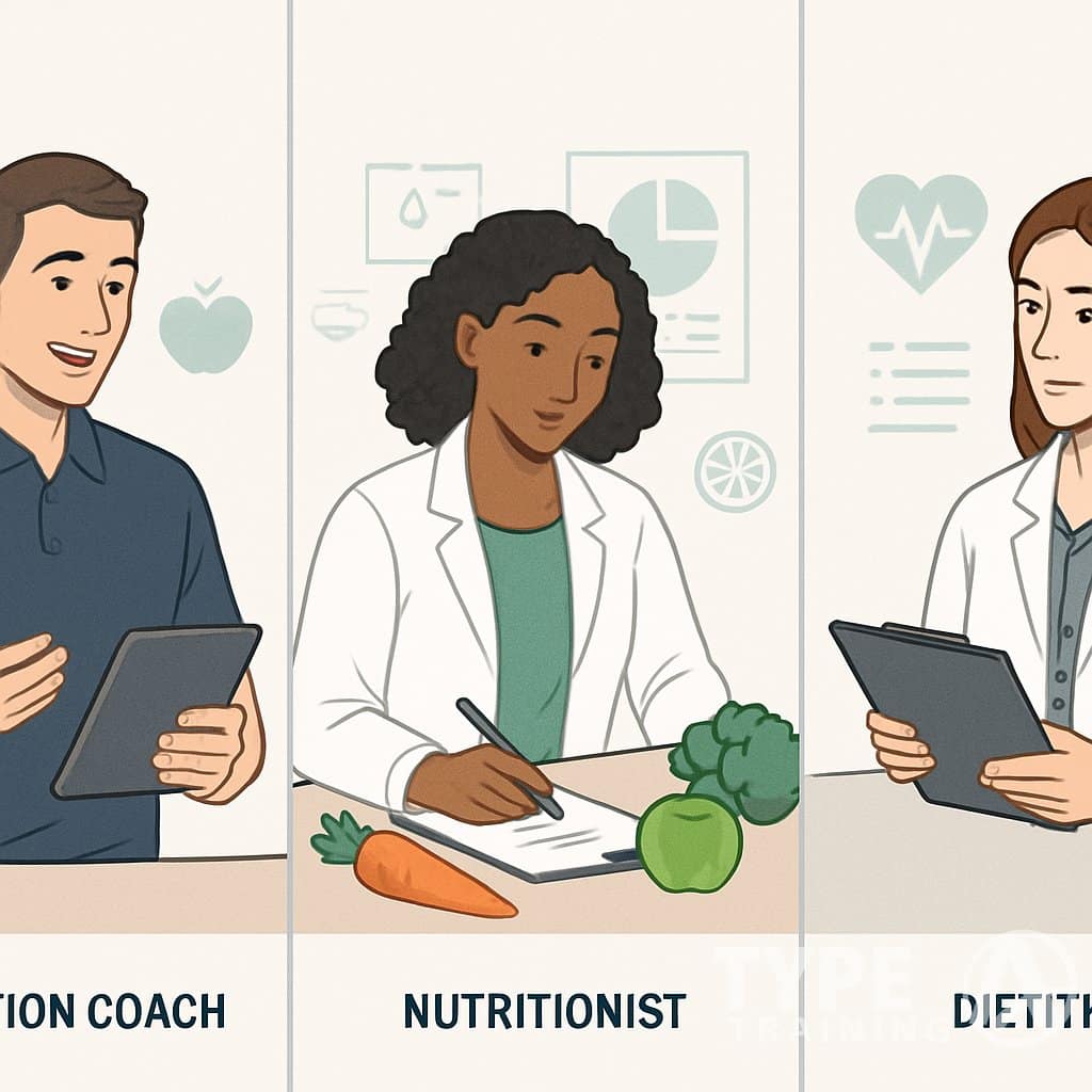 Three healthcare professionals representing a Nutrition Coach, Nutritionist, and Dietitian, each interacting with clients or food in ways that show their different roles in nutrition and dietary care.
