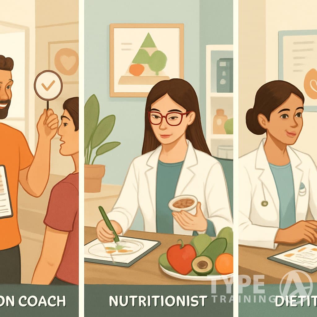 Three side-by-side scenes showing a nutrition coach working with clients in a gym, a nutritionist analyzing food in an office, and a dietitian consulting a patient in a hospital.