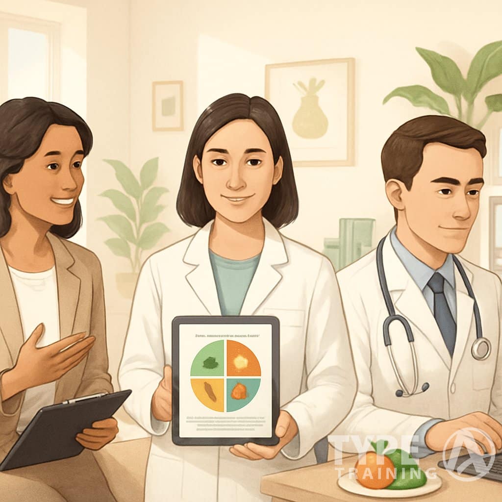 Three nutrition professionals interacting with clients in an office: a nutrition coach holding a clipboard, a nutritionist reviewing a meal plan on a tablet, and a dietitian examining nutritional data on a computer.