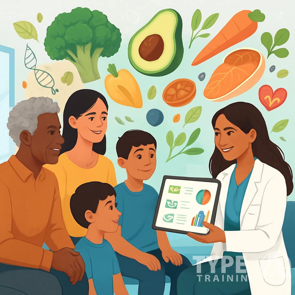 A nutritionist consulting with a diverse group of people, showing a digital tablet with a customized meal plan, surrounded by healthy foods and health-related icons.