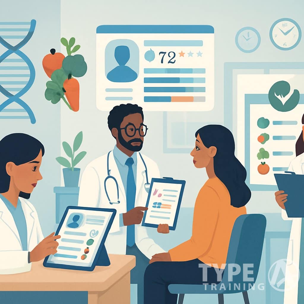 A group of healthcare and nutrition professionals working together with a patient in a clinic, using digital tools and charts to create personalized nutrition plans.