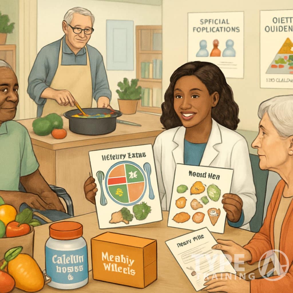 A group of older adults and special populations receiving nutrition services in a community health center, including consultations, meal plans, and cooking demonstrations.