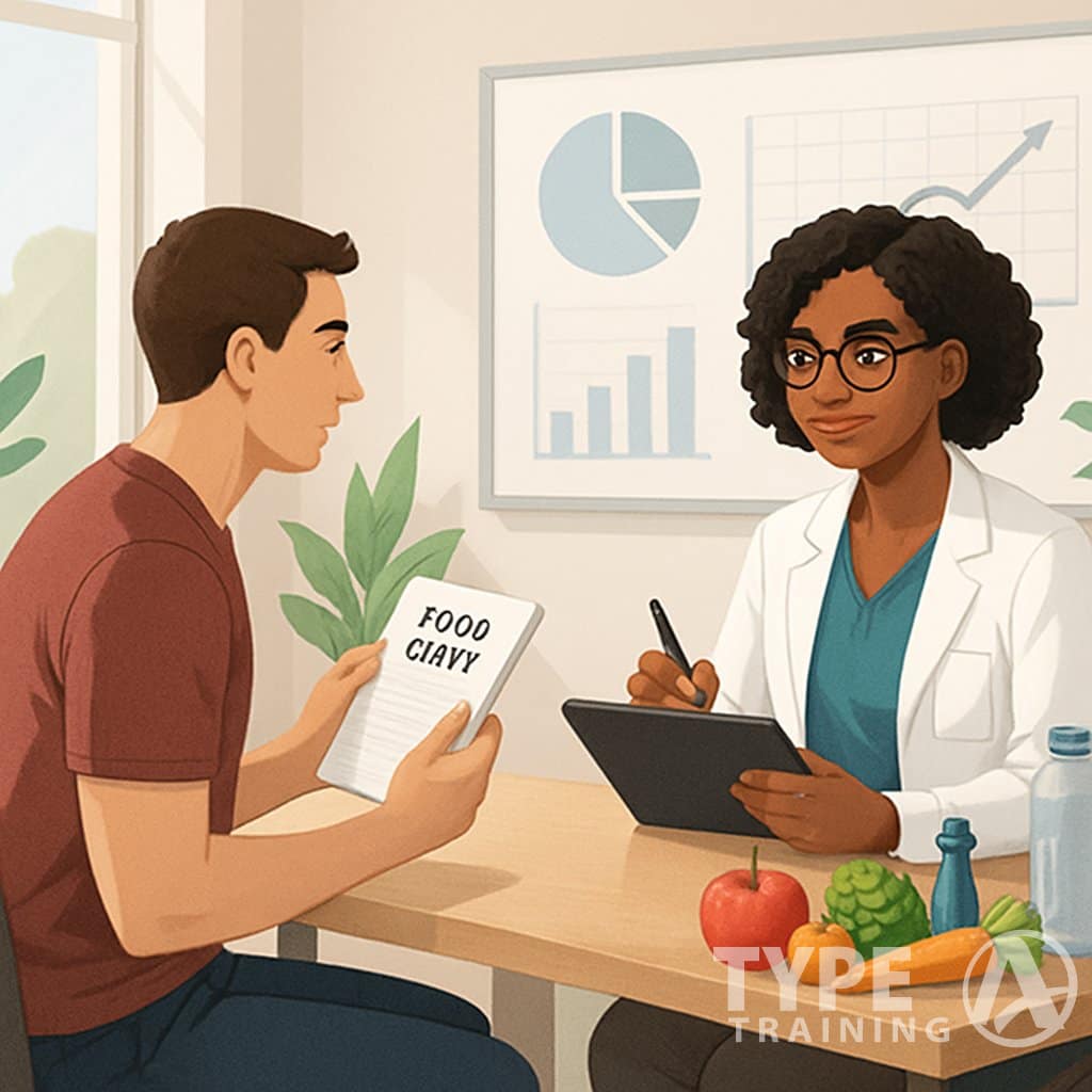 A nutrition coach and client sitting at a desk in an office, discussing a food diary with healthy foods and progress charts visible nearby.