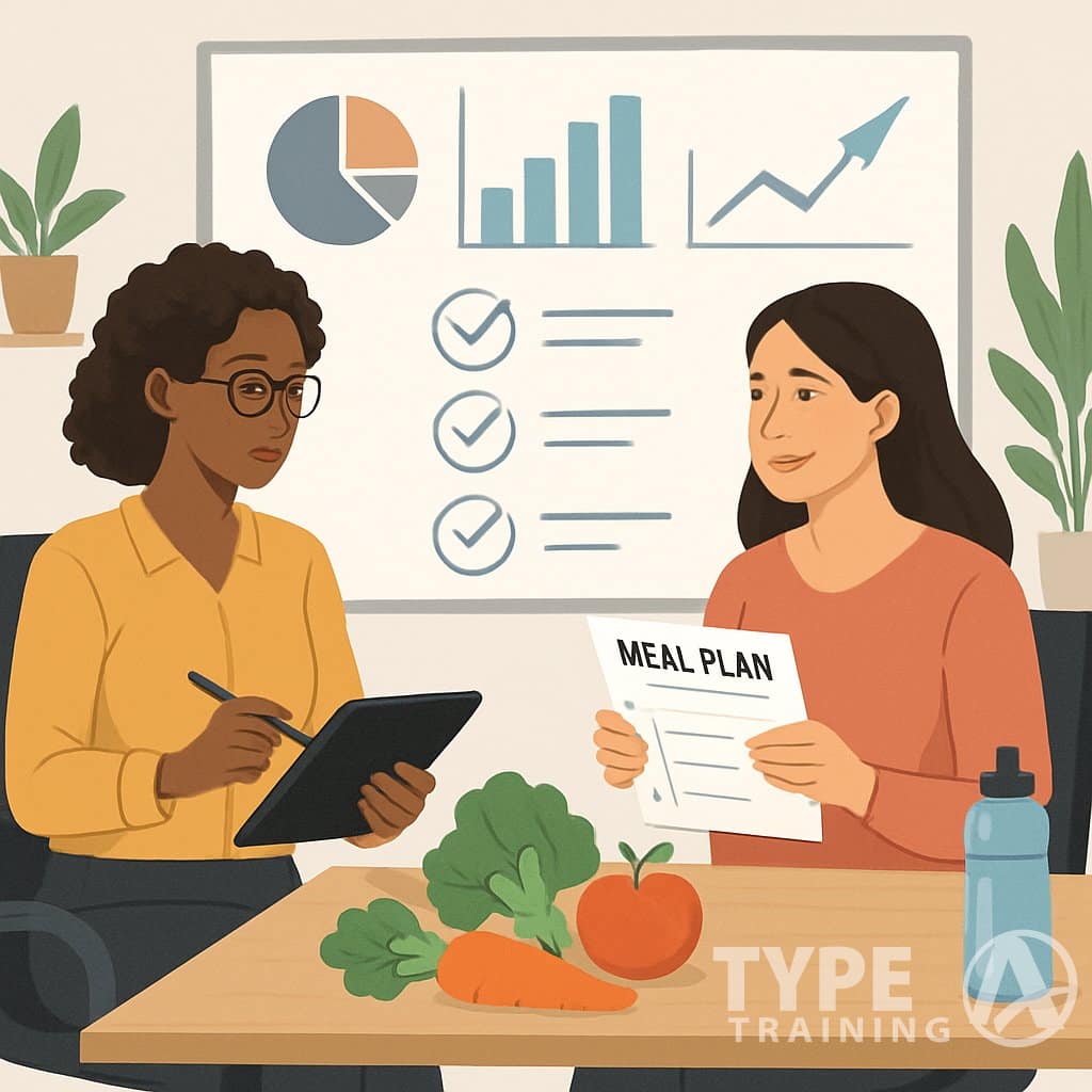 A nutrition coach and client sitting at a desk with healthy foods, discussing a meal plan with charts and progress visuals in the background.