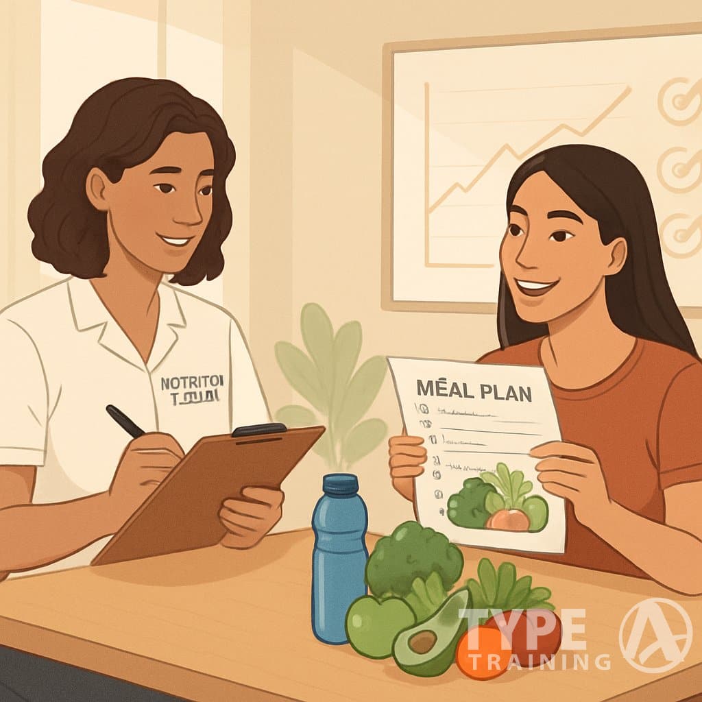 A nutrition coach and client sitting at a table with healthy foods, discussing a meal plan and tracking progress on a chart in a bright office.