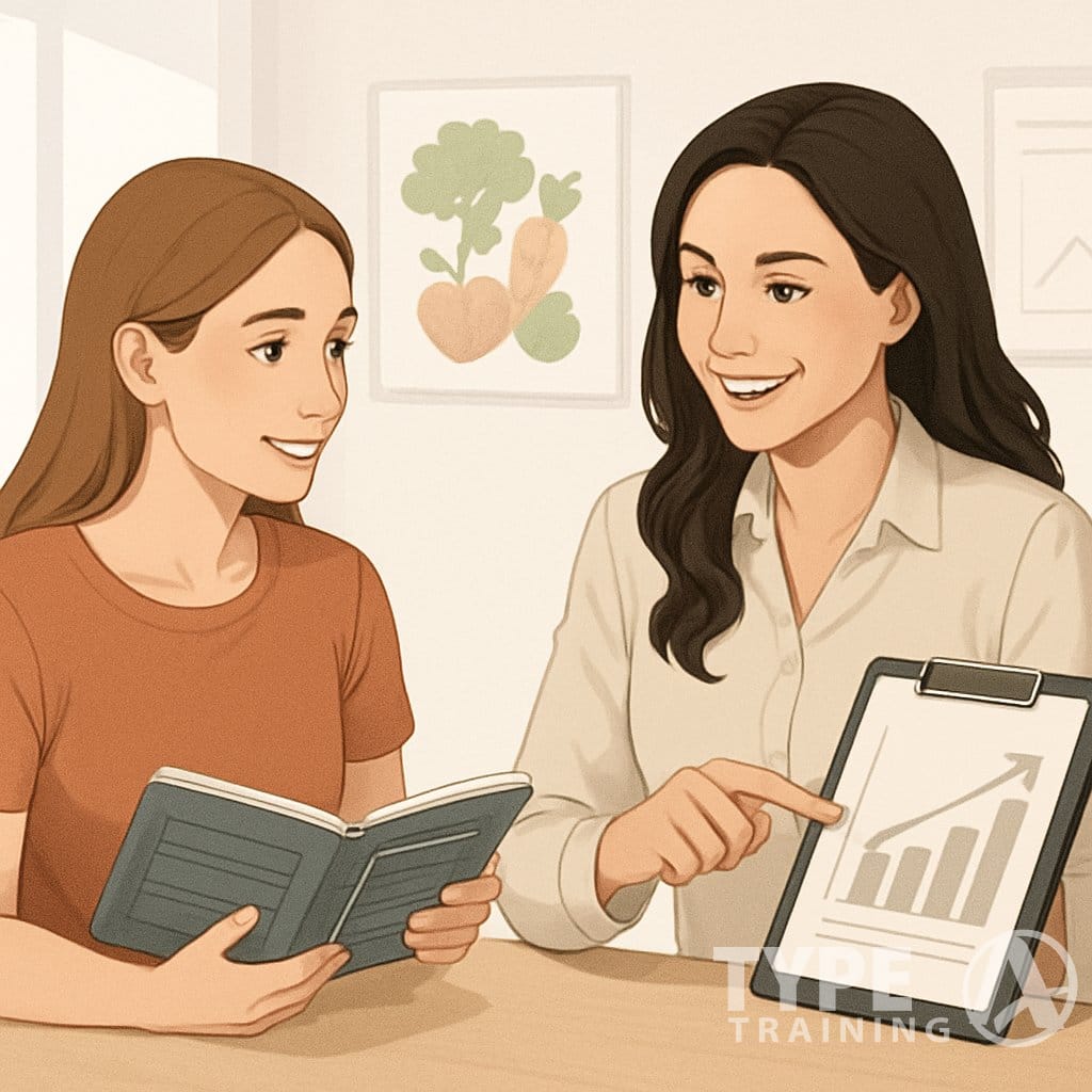A nutrition coach and client in a bright office, with the coach guiding the client who holds a food diary, emphasizing support and accountability.