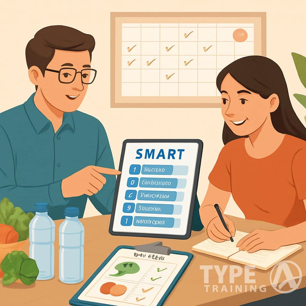A nutrition coach and client discussing goal progress with charts and healthy food items on a table, surrounded by a calendar and reminders.