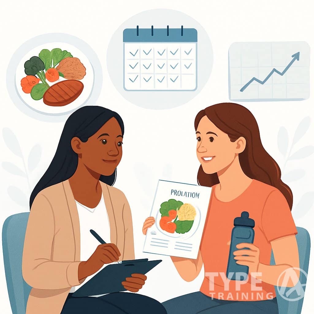 A nutrition coach and client in a supportive session with healthy food items, a calendar with checkmarks, and a progress chart symbolizing accountability and lasting change.