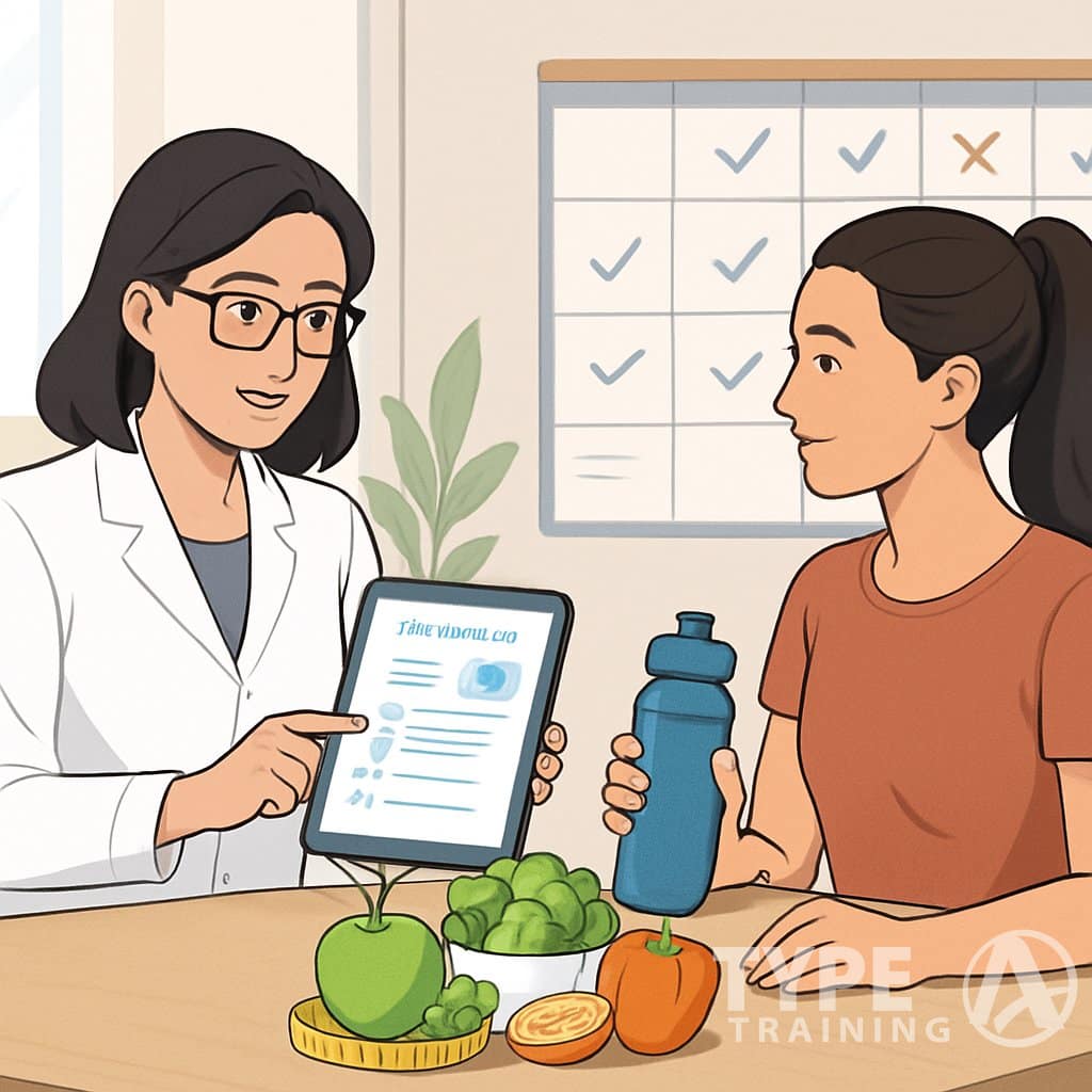 A nutrition coach and client discussing a nutrition plan in a bright office with healthy food and a progress chart in the background.