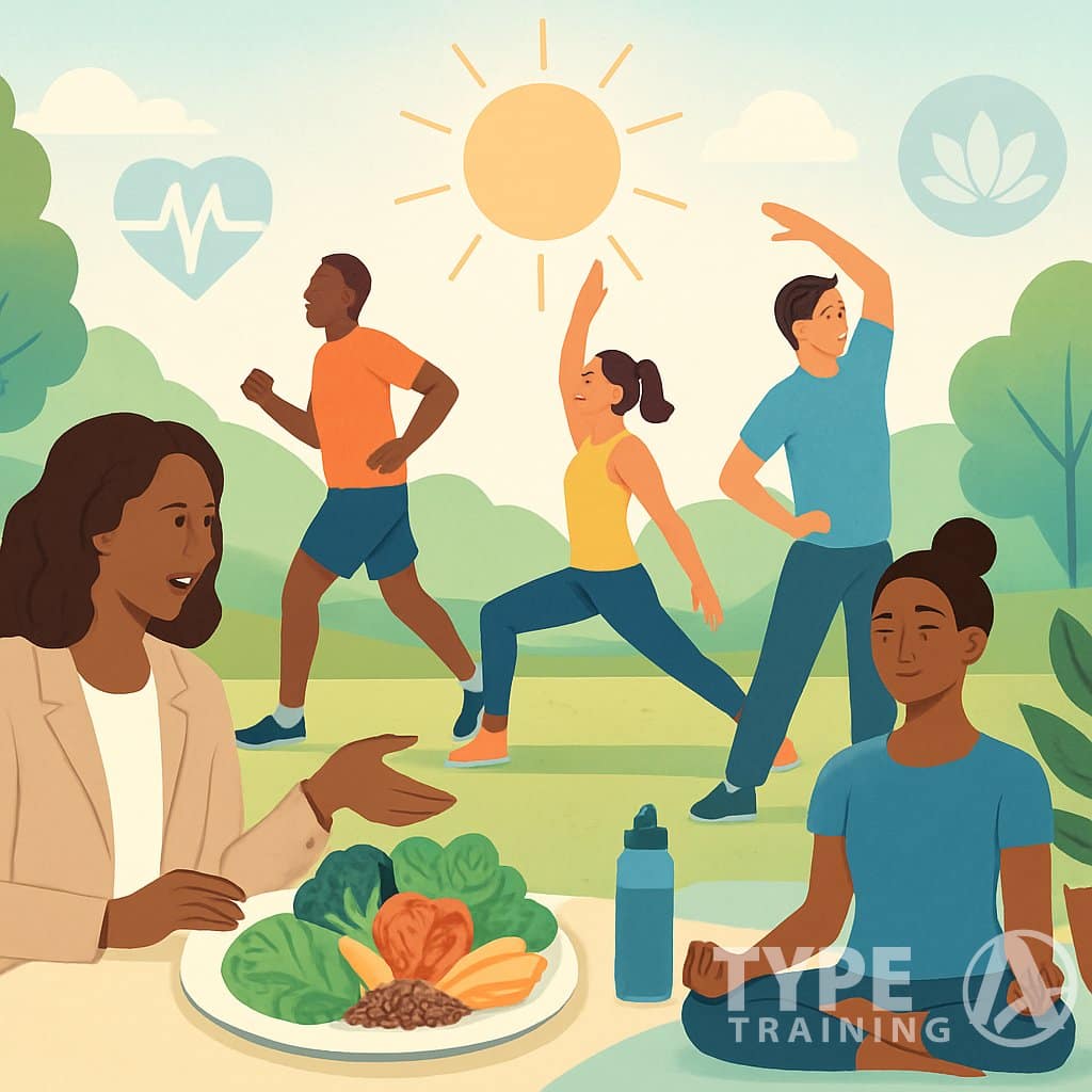 People engaging in nutrition coaching, exercising, and practicing wellness activities in a bright, natural setting.