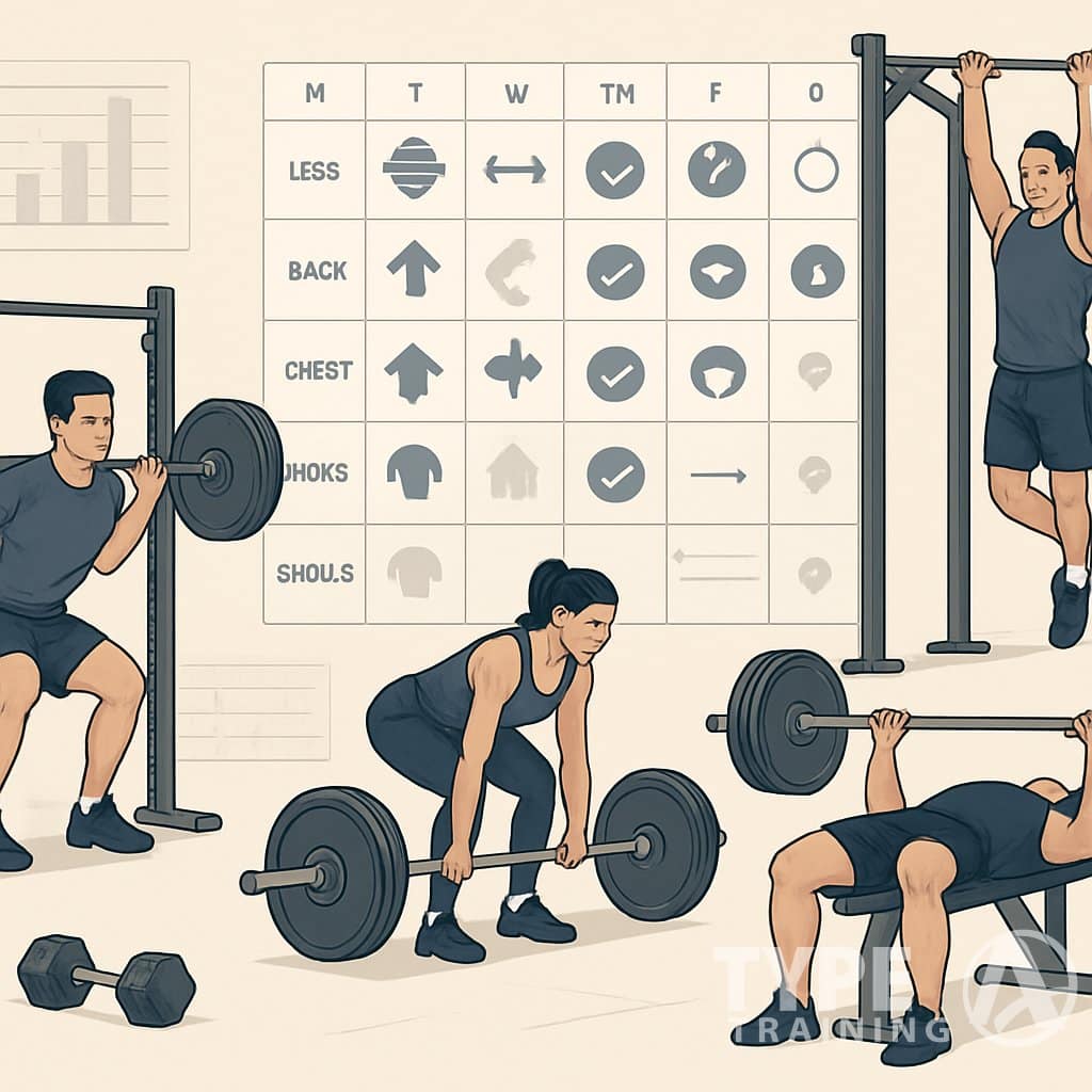 Athletes performing various strength training exercises in a gym, with visual elements showing workout splits and progress charts in the background.