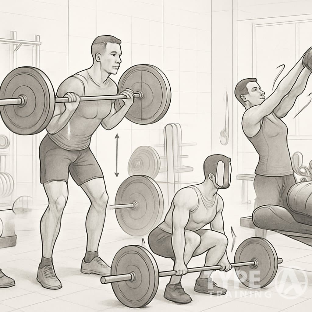 Several athletes performing different strength training exercises side by side in a gym, showing proper form and technique.