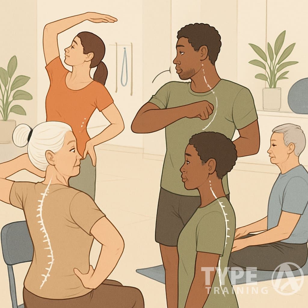 A group of people performing exercises to improve posture in a bright indoor fitness studio.