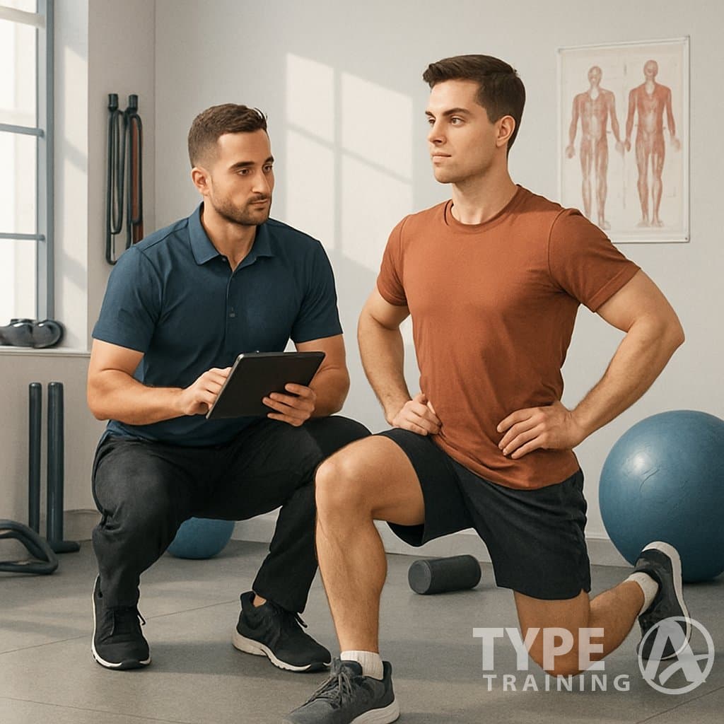 A specialist guiding a client through a personalized corrective exercise in a gym with exercise equipment and anatomical charts in the background.