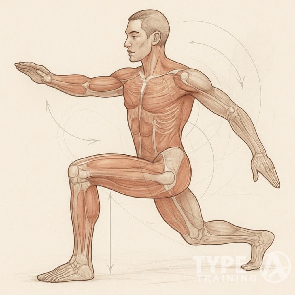 A human figure showing muscles and bones with arrows indicating movement and joint alignment to illustrate corrective exercise principles.