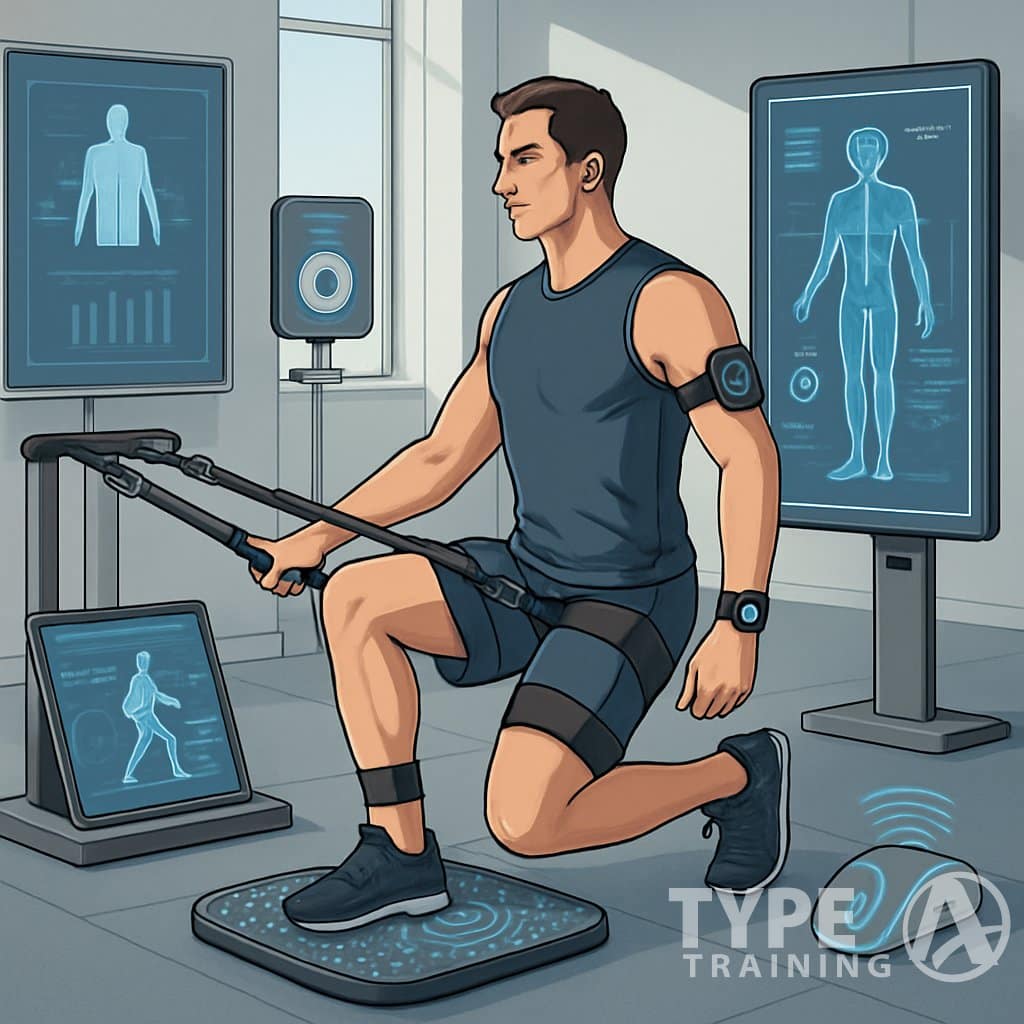 A person using advanced corrective exercise equipment with digital sensors and screens displaying real-time feedback in a modern gym setting.