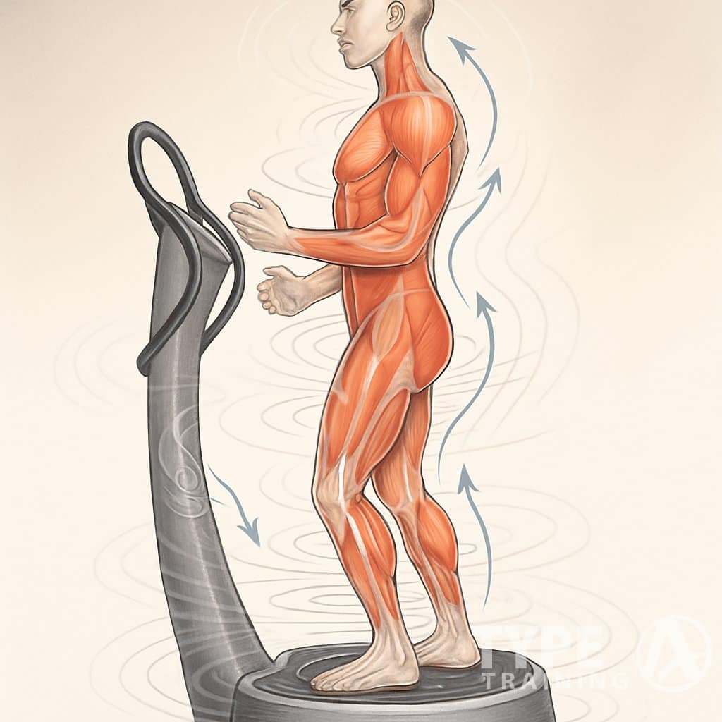 A person standing on a vibration platform with visible waves traveling through their body, highlighting muscle activation during whole-body vibration training.