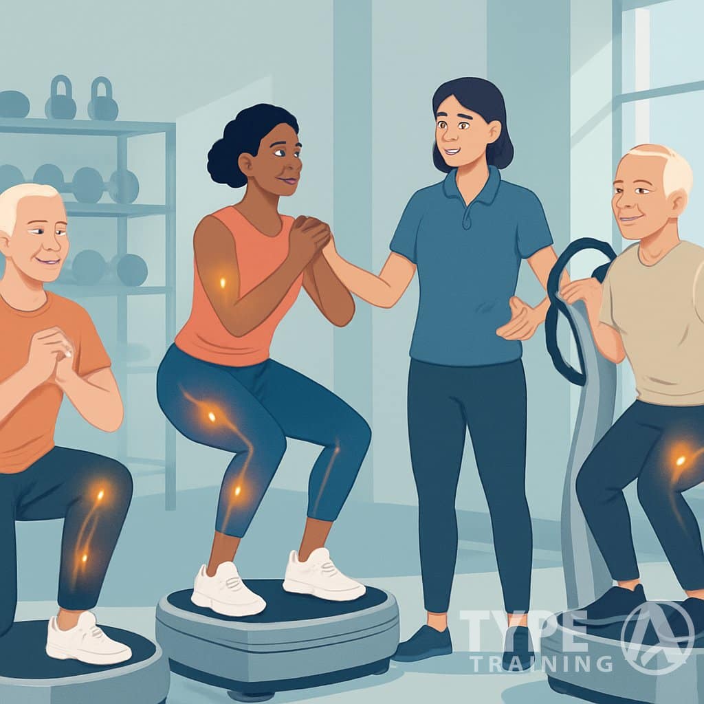 A group of diverse beginners exercising on Power Plate machines in a bright gym with a trainer guiding them.