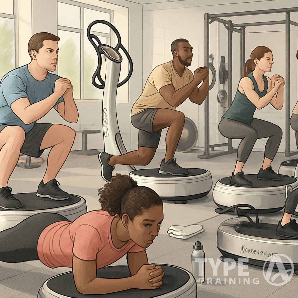 A group of people exercising on Power Plate machines in a gym, performing core and full body workouts.