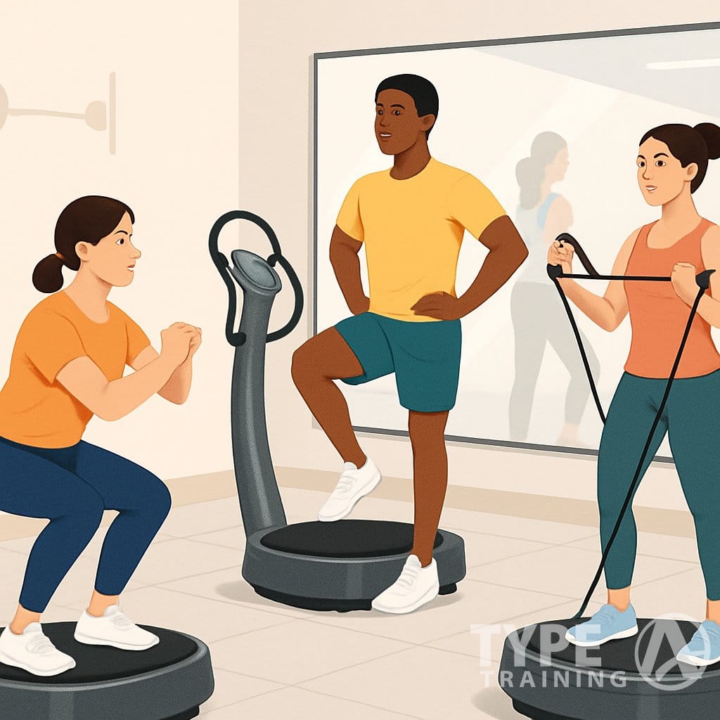 Three people performing beginner Power Plate exercises in a bright fitness studio with workout equipment around them.