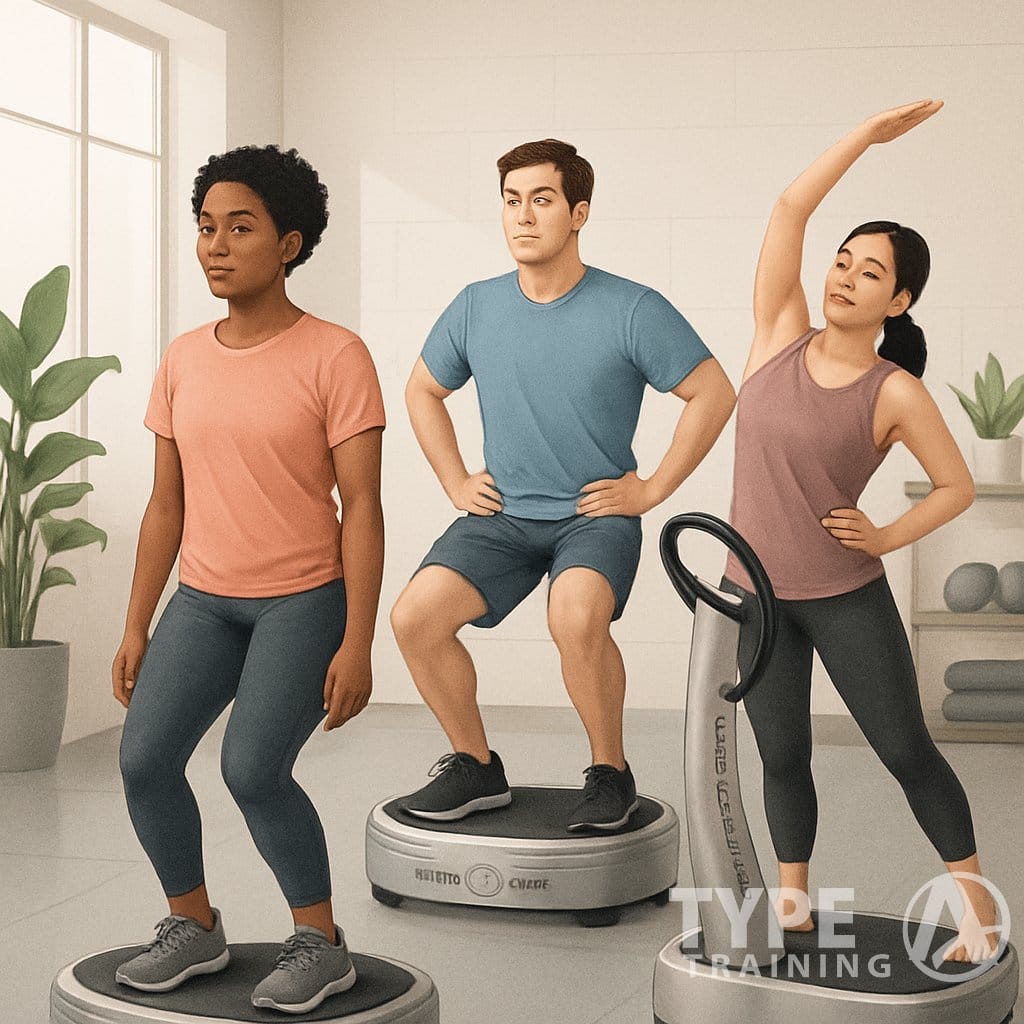 Three beginners performing basic exercises on Power Plate machines in a modern gym setting.