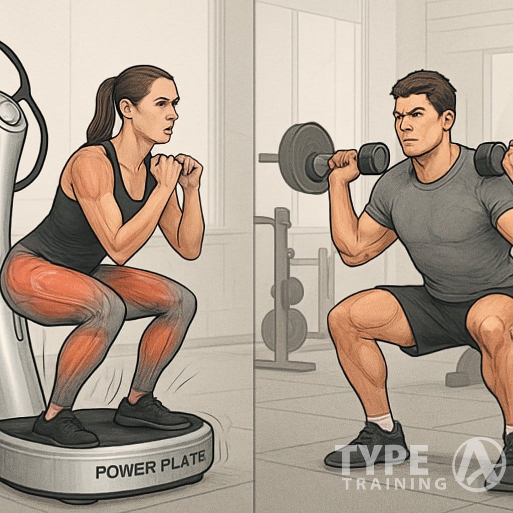 Two people exercising side by side in a gym; one using a Power Plate machine and the other doing traditional weightlifting exercises.