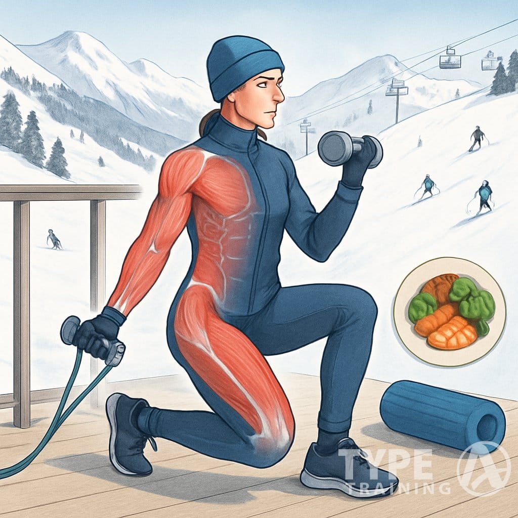A person doing strength training exercises with resistance bands near snow-covered mountains and ski slopes, surrounded by recovery tools and muscle diagrams.