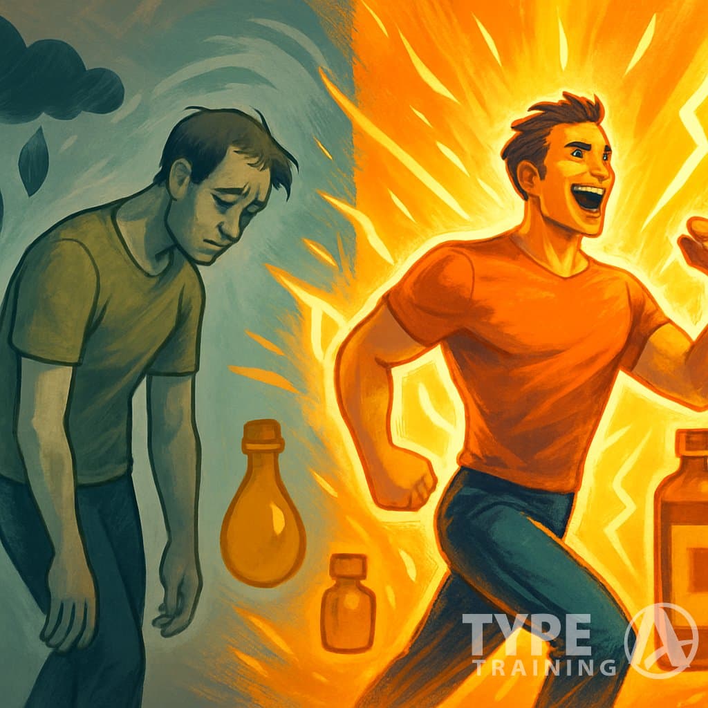 A person transforming from tired and sluggish on the left to energized and powerful on the right, surrounded by glowing energy effects and oil droplets.