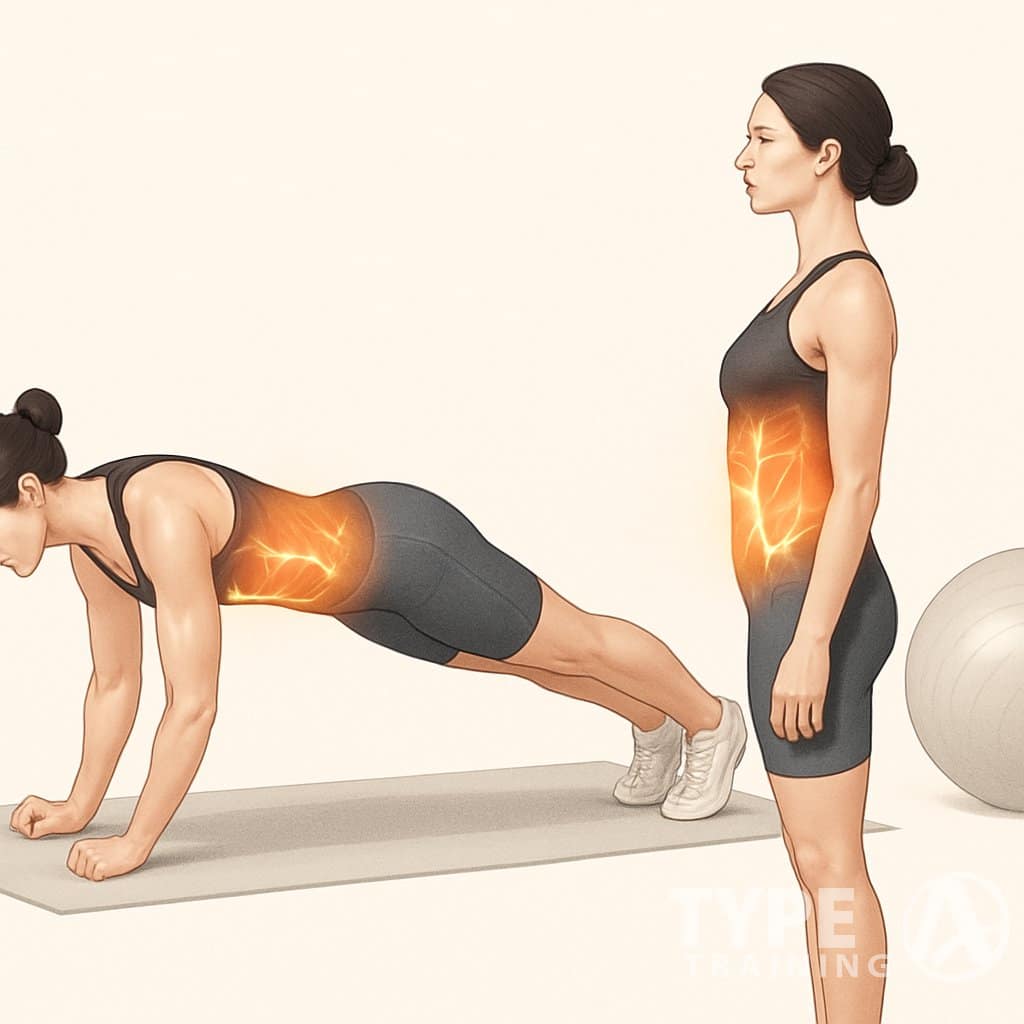 A person performing core exercises showing front and side views with highlighted core muscles, demonstrating how core training improves posture.