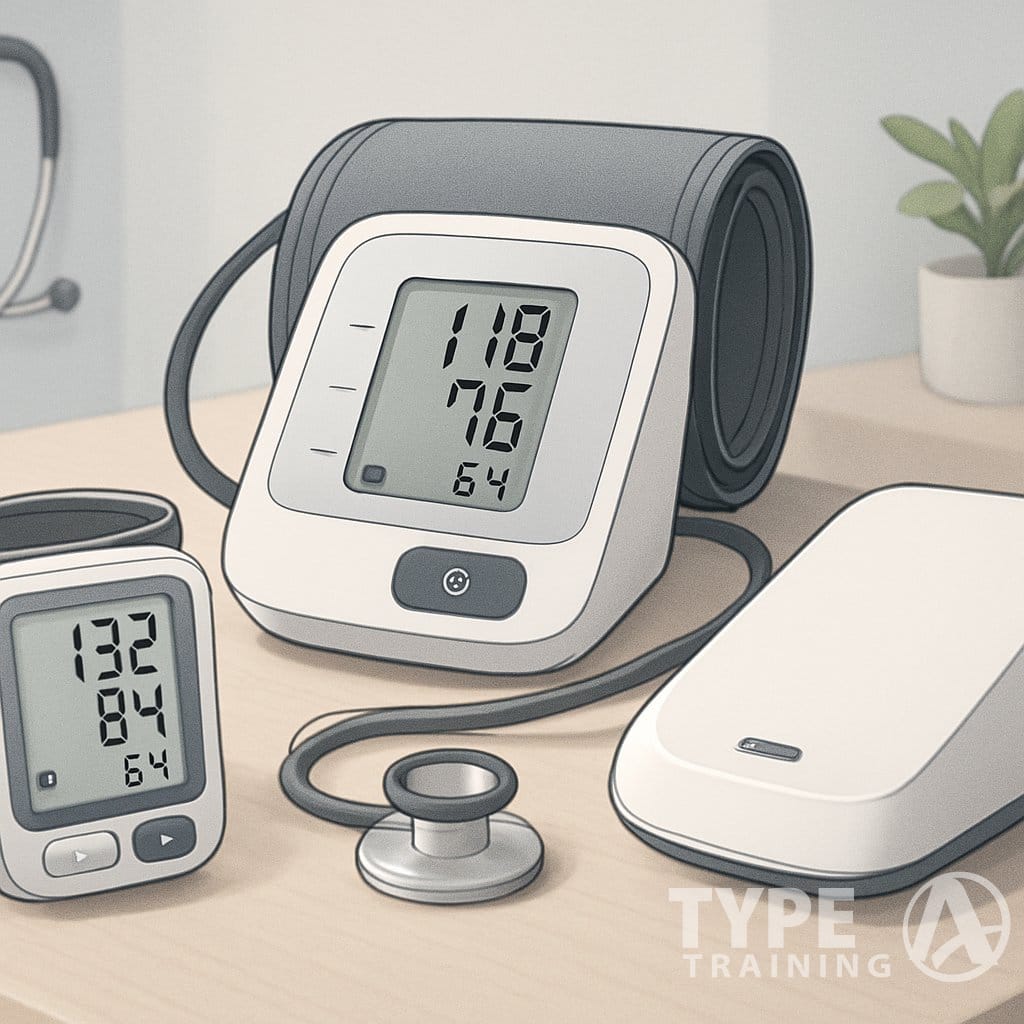 A variety of blood pressure monitors displayed on a table in a home setting, including wrist and upper-arm devices, with a stethoscope and a small plant nearby.