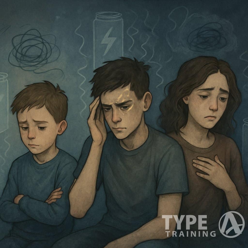 Three individuals—a child, a teenager, and a young adult—showing signs of anxiety and distress, surrounded by faint images of energy drink cans and abstract shapes representing emotional struggles.