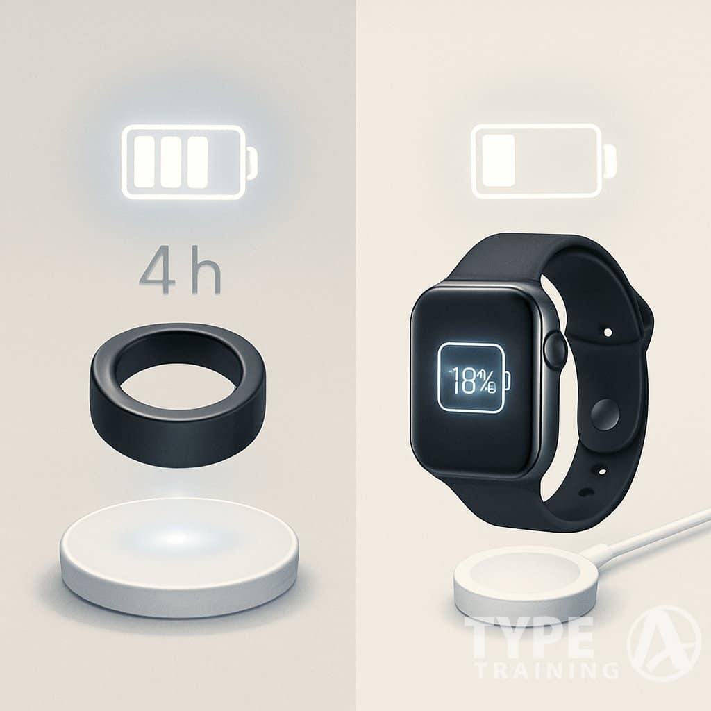 An illustration comparing the battery life and charging methods of an Oura Ring and an Apple Watch, showing each device with battery icons and charging pads.