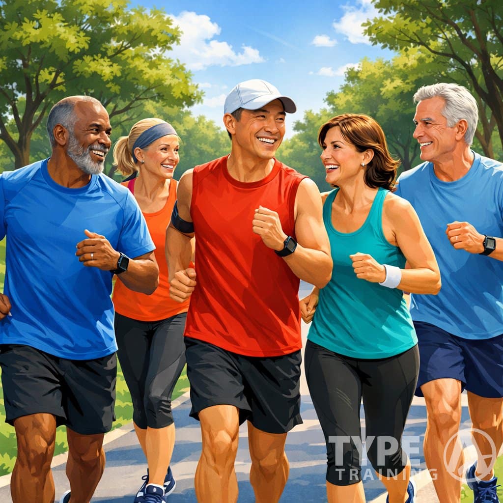 A group of middle-aged men and women running together on a sunny park path, smiling and encouraging each other.