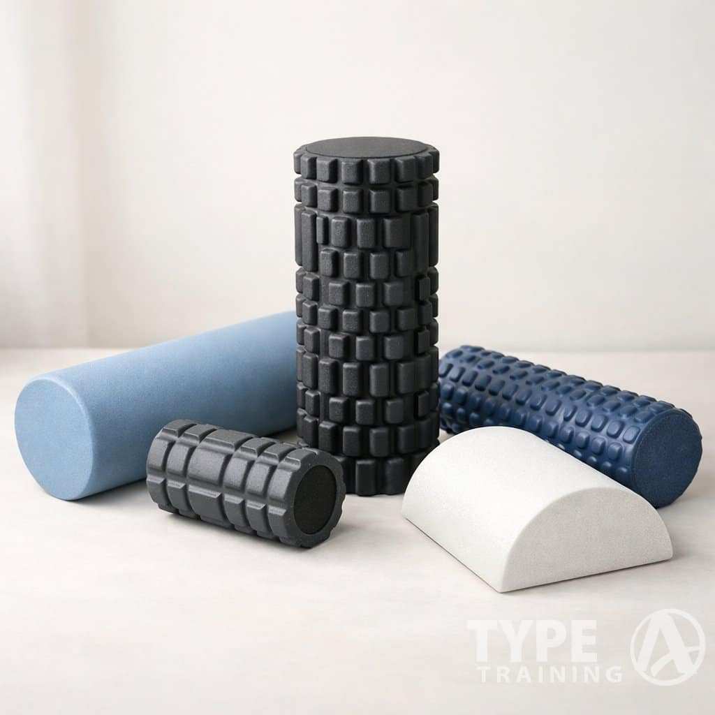 A variety of foam rollers arranged on a light surface, including smooth, textured, compact, and half-round types in neutral colors.