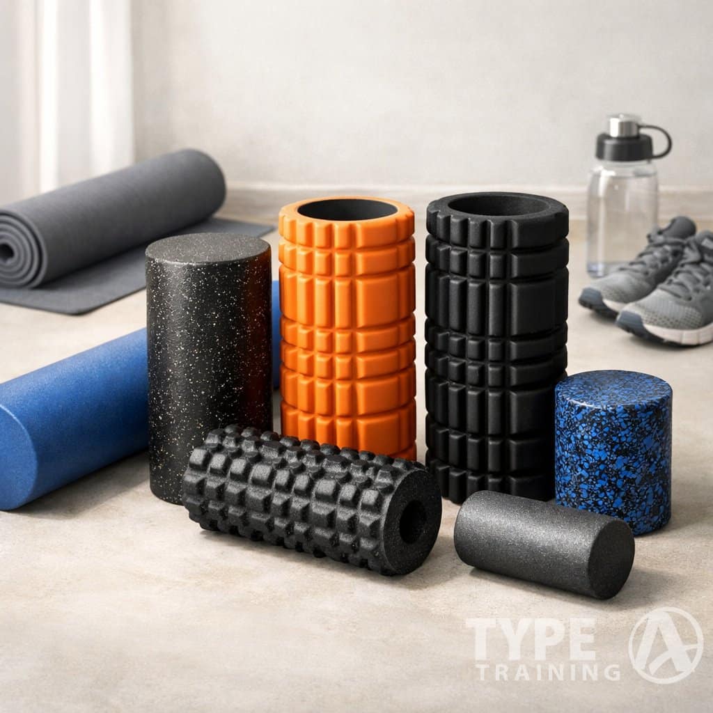 A collection of different foam rollers displayed on a surface with fitness accessories in the background.