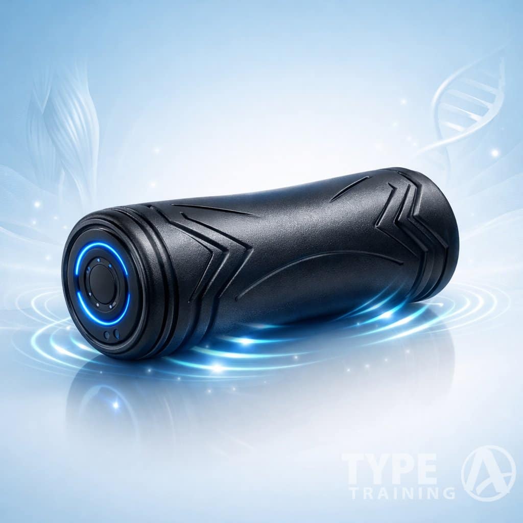 A sleek vibrating foam roller with arrow designs, shown with subtle wave patterns around it to represent muscle relaxation.
