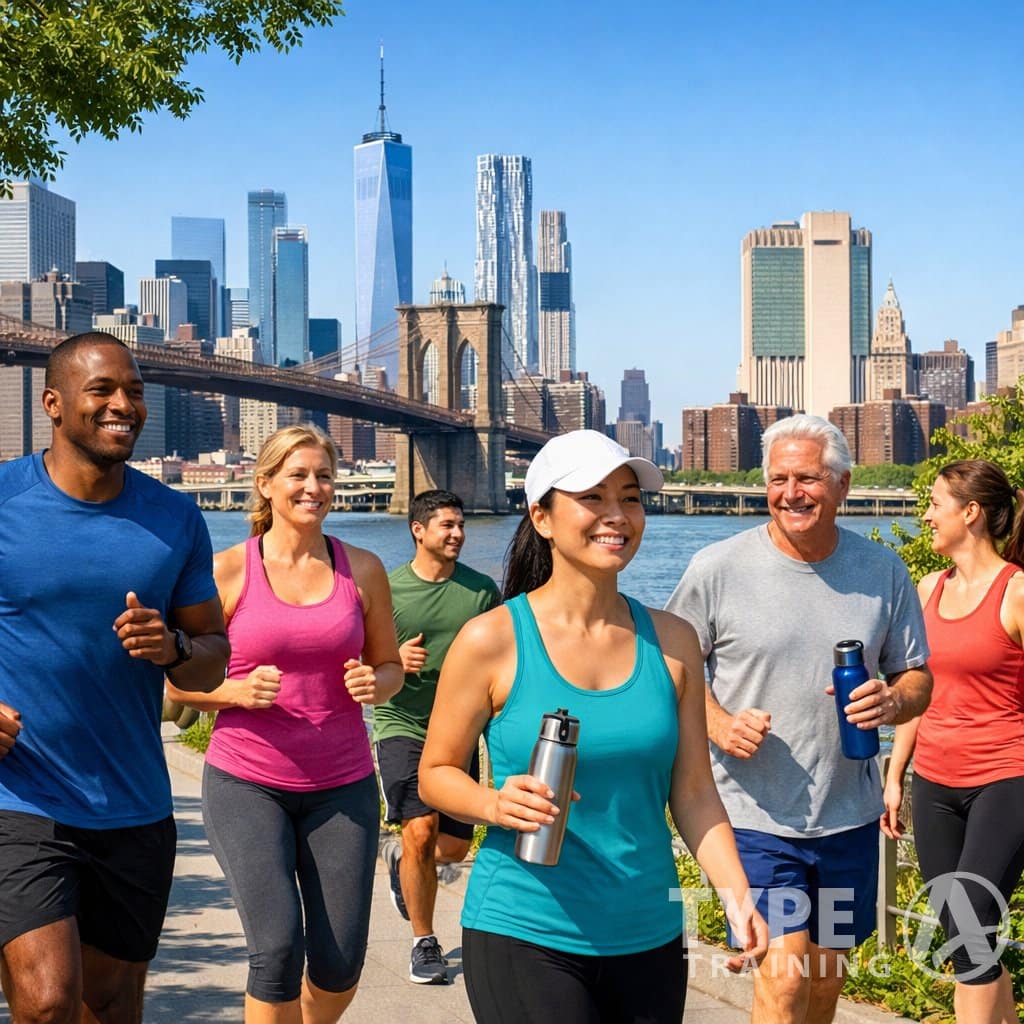 People jogging and walking in a riverside park with the New York City skyline in the background on a sunny day.