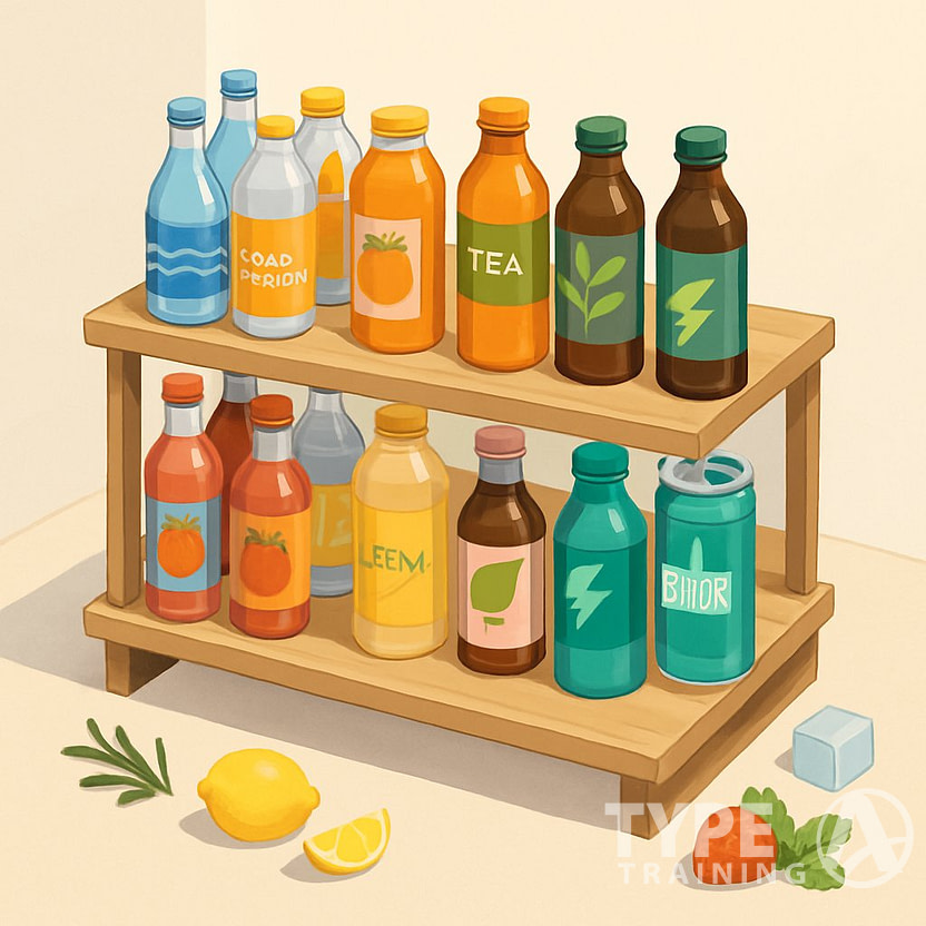 A multi-tiered shelf displaying eight different colorful non-alcoholic beverage bottles and cans with fresh fruits and herbs around them.